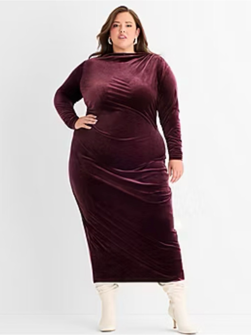 Ashley Graham Long Sleeve Velvet Midi Dress in Burgundy